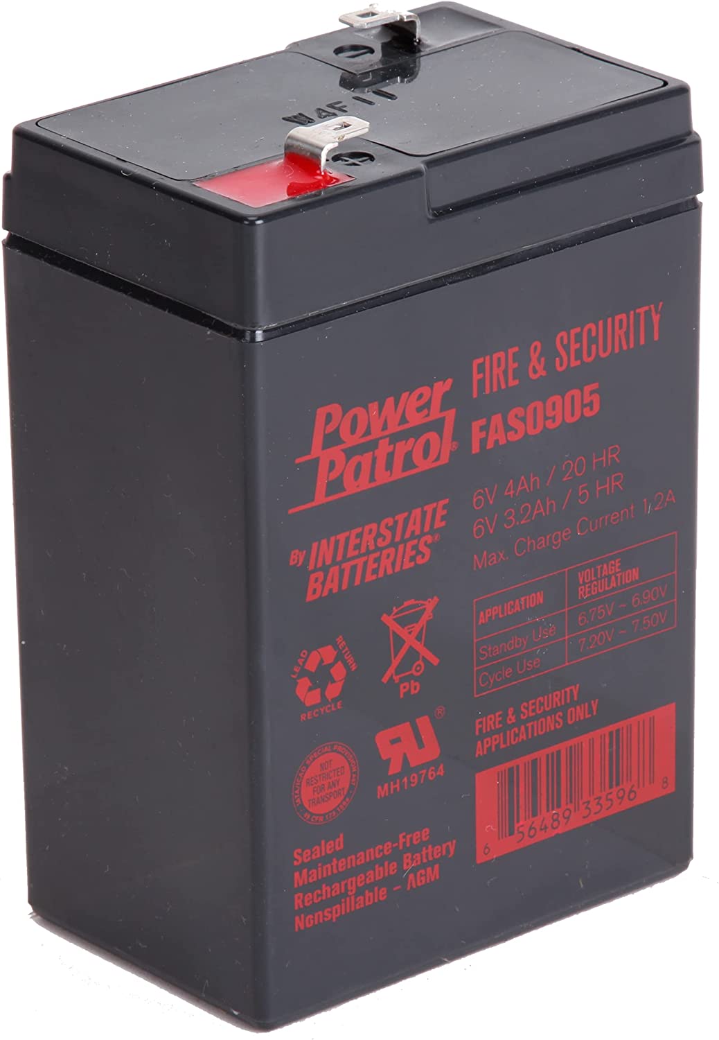 Interstate Batteries FAS0905, Power Patrol, 6V 4Ah Fire & Security Battery with Sealed Lead Acid Rechargeable SLA AGM (F1 Terminal) for Fire Alarms, Security Systems
